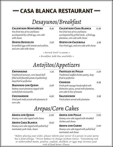 Casablanca Restaurant Menu .